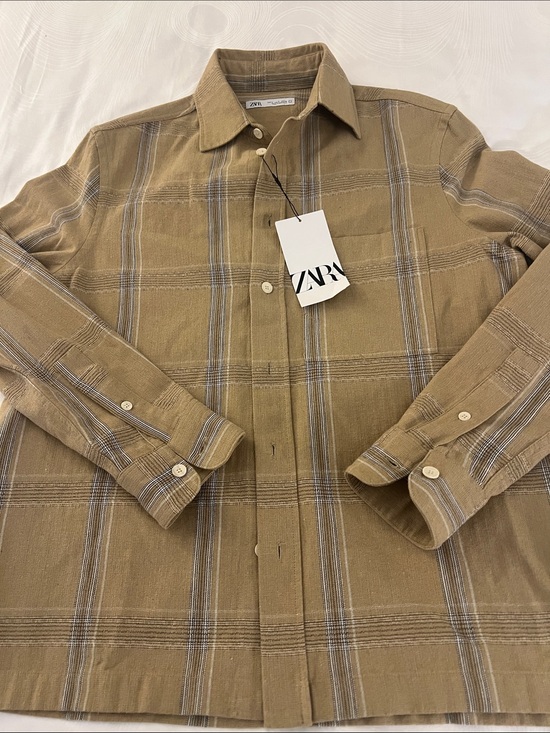 Zara Other - Zara Men's Tan Plaid Long-Sleeve Button-Down Shirt with Gray Stripe